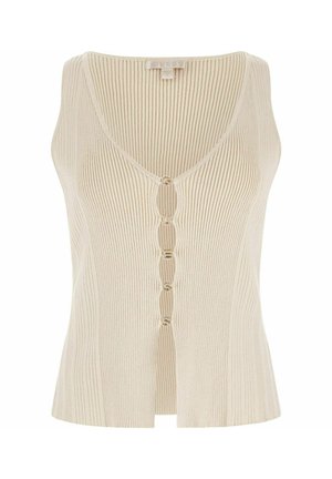Rippentop in creme mit V-Ausschnitt und fünf Knöpfen entlang der Vorderseite. Hergestellt aus einem weichen, strukturierten Stoff.