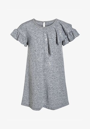 Šedé šaty s krátkým rukávem a volánovými detaily, vyrobené z měkké látky a poseté flitry pro lesk. Mají kulatý výstřih a zadní otvor ve tvaru klíče.