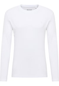 Langärmliges weißes T-Shirt aus Baumwolle mit Rundhalsausschnitt und kleinem Markenlogo auf der Brust. Glatte Textur und klassischer Schnitt.