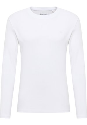 Langärmliges weißes T-Shirt aus Baumwolle mit Rundhalsausschnitt und kleinem Markenlogo auf der Brust. Glatte Textur und klassischer Schnitt.