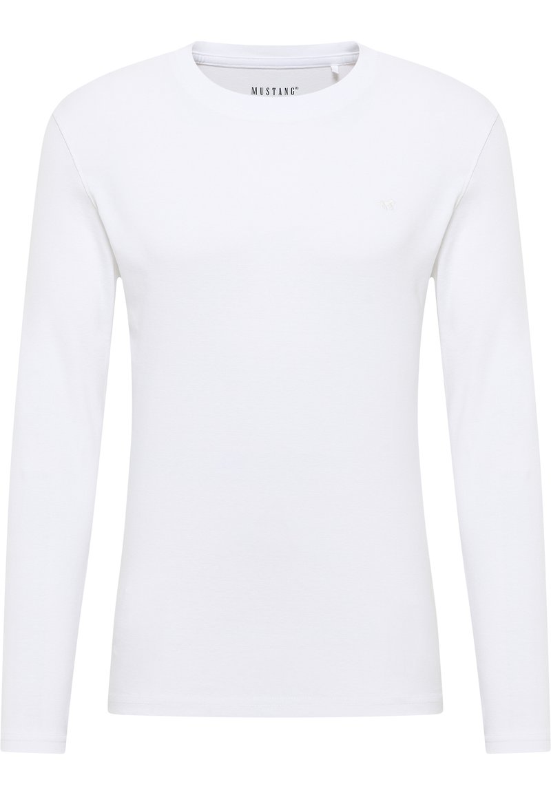 Langärmliges weißes T-Shirt aus Baumwolle mit Rundhalsausschnitt und kleinem Markenlogo auf der Brust. Glatte Textur und klassischer Schnitt.