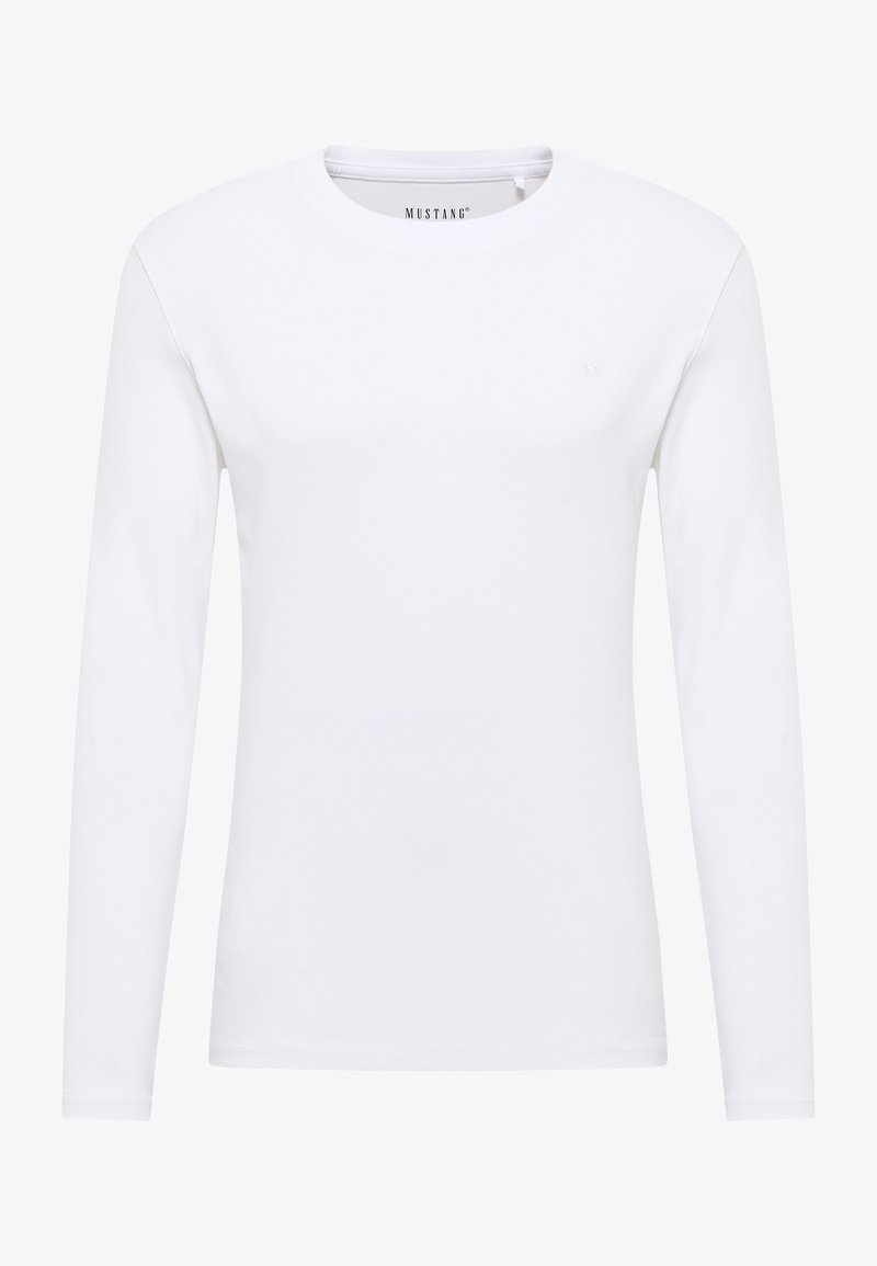 Langärmliges weißes T-Shirt aus Baumwolle mit Rundhalsausschnitt und kleinem Markenlogo auf der Brust. Glatte Textur und klassischer Schnitt.