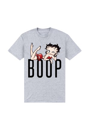Lichtgrijze katoenen t-shirt met een cartoonfiguur in een rode jurk, met het woord "BOOP" in vetgedrukte zwarte letters eronder.