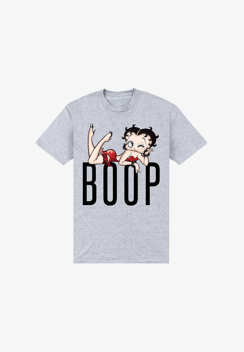 Světle šedé bavlněné tričko s karikaturou postavičky v červených šatech, pod níž jsou tučně napsána slova "BOOP" v černé barvě.