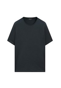 Sort kortærmet t-shirt lavet af blødt bomuld med rund halsudskæring og en afslappet pasform. Glat tekstur, ingen synlige mønstre eller grafik.
