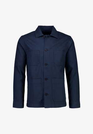 Navy blue jacket made of cotton, featuring a collar, button front, and two chest pockets, with a tailored fit and long sleeves.