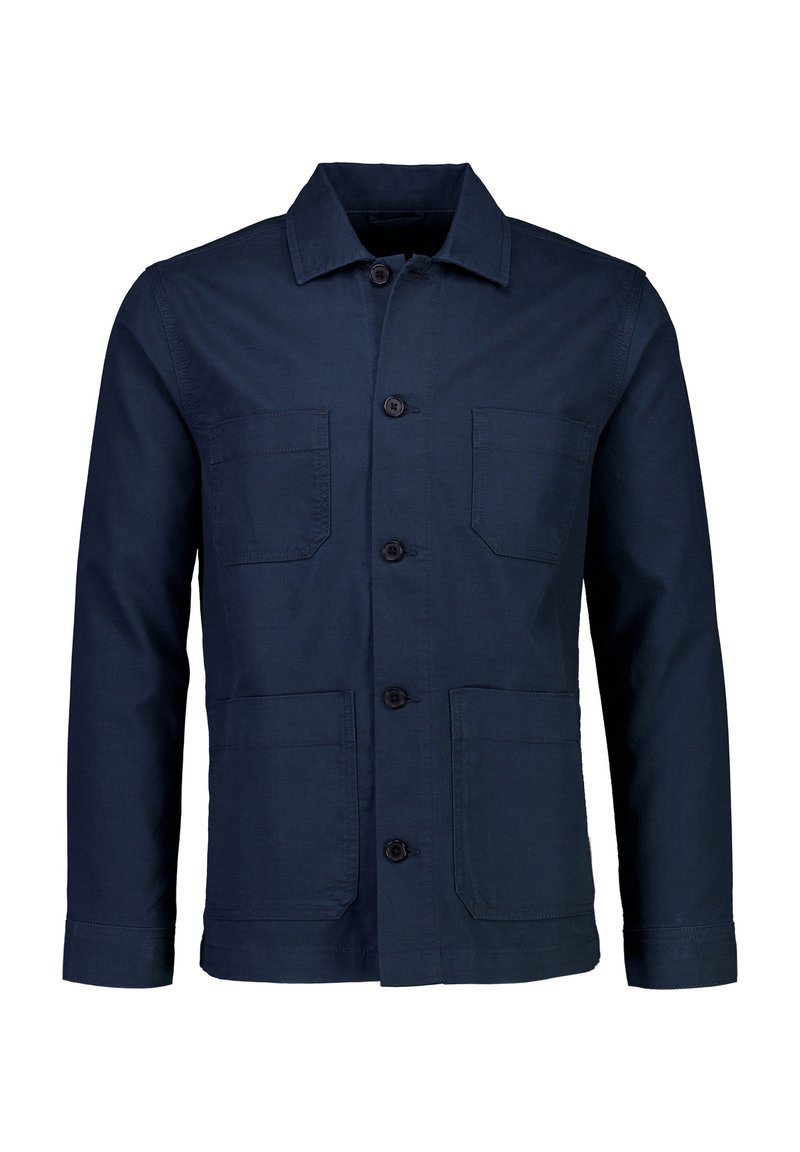 Giacca blu navy in cotone, con colletto, chiusura frontale con bottoni e due tasche sul petto, con vestibilità sagomata e maniche lunghe.