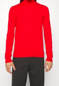 Roter Rollkragenpullover aus dehnbarem Strickstoff. Verfügt über eng anliegende lange Ärmel und gerippte Bündchen und Saum. Getragen mit schwarzen Hosen.