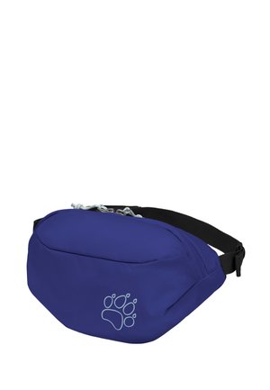 Banane bleue avec sangle noire réglable et logo d'empreinte de patte gris clair sur le devant, présenté sur fond blanc.