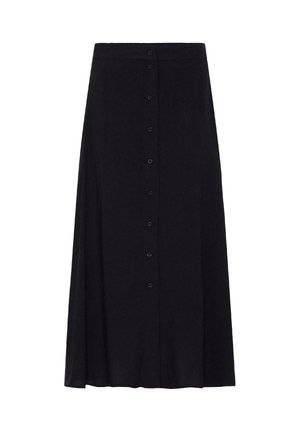 Jupe midi noire avec une coupe droite, une fermeture boutonnée à l'avant et une ceinture unie, présentée sur un fond blanc.