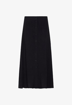 Fekete midi szoknya egyenes szabással, gombos elülső lezárással és sima derékpánttal, fehér háttéren bemutatva.