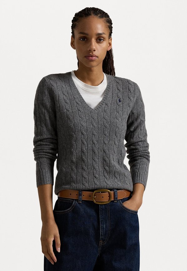 CABLE KNIT WOOL CASHMERE V-NECK SWEATER - Jumper