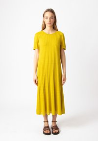 Knee-length mustard yellow dress with a ribbed texture, short sleeves, round neckline, horizontal line accents, and a flared hem.