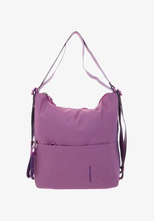 Sac à bandoulière en nylon violet avec une surface texturée, compartiment principal zippé, sangle réglable et poche avant. Conception légère.