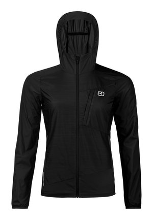 Schwarze, leichte Kapuzenjacke mit durchgehendem Frontreißverschluss und Brusttasche mit kleinem weißem Logo auf der linken Seite.
