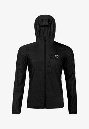 Schwarze, leichte Kapuzenjacke mit durchgehendem Frontreißverschluss und Brusttasche mit kleinem weißem Logo auf der linken Seite.