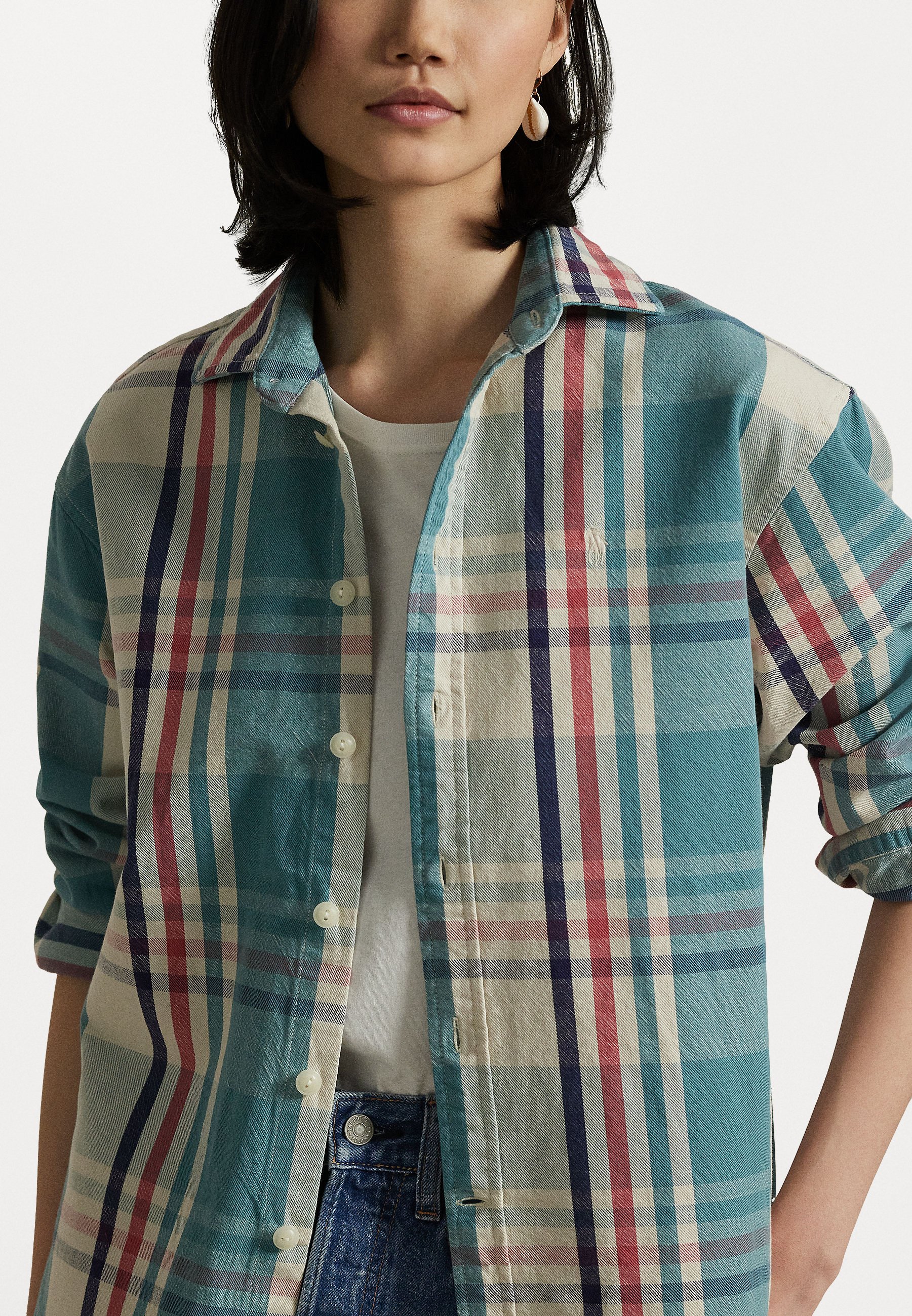 売れ筋商品|||ラルフローレン シャツ レディース トップス LONG SLEEVE BUTTON FRONT - Button-down blouse - cream/seafoam multi Womens Button Down Shirts 2024 Fall Casual Long Sleeve