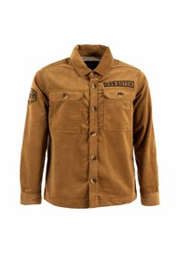 Chaqueta de pana marrón con botón en el frente, dos bolsillos en el pecho y un logo en el lado izquierdo. Presenta un cuello y mangas largas.