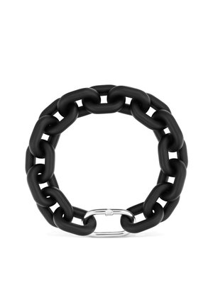 Bracelet à chaîne noire épaisse avec de grandes mailles ovales et un fermoir argenté à l'avant, présenté sur un fond blanc.