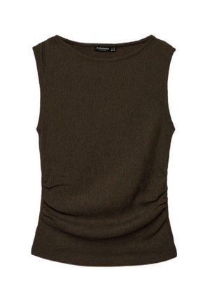 Mouwloos donkerbruin geribd gebreid topje met ronde halslijn en subtiele zijsamenkomst, plat gelegd op een witte achtergrond.