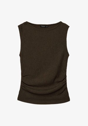 Sleeveless dark brown ribbed knit top with round neckline and subtle side ruching, laid flat on a white background.
