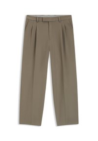 Khaki pleated trousers with side pockets, belt loops, and a straight-leg cut, displayed flat on a white background.