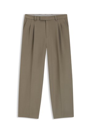 Khaki pleated trousers with side pockets, belt loops, and a straight-leg cut, displayed flat on a white background.