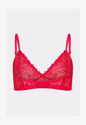 Red lace bralette with adjustable thin straps, floral pattern, and double hook-and-eye closure at the back, shown on a plain light background.