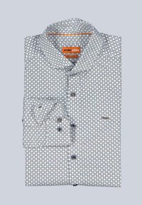 Men's long-sleeve button-up shirt with a white and gray circular pattern, folded with collar and cuffs visible, brand label inside collar.
