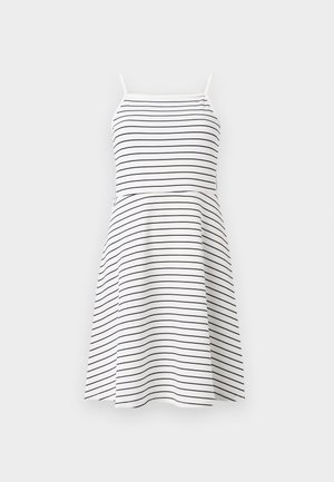 Hvit kjole med marineblå horisontale striper, spaghetti-stropper, tettsittende midje og utsvingt skjørt. Glatt stoff med en avslappet design.