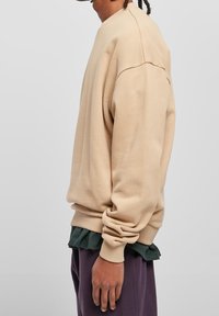 Beiger Pullover mit rundem Ausschnitt und gerippten Bündchen, über einem grünen Hemd getragen. Bequeme Passform mit glatter Textur, minimalistischem Design.