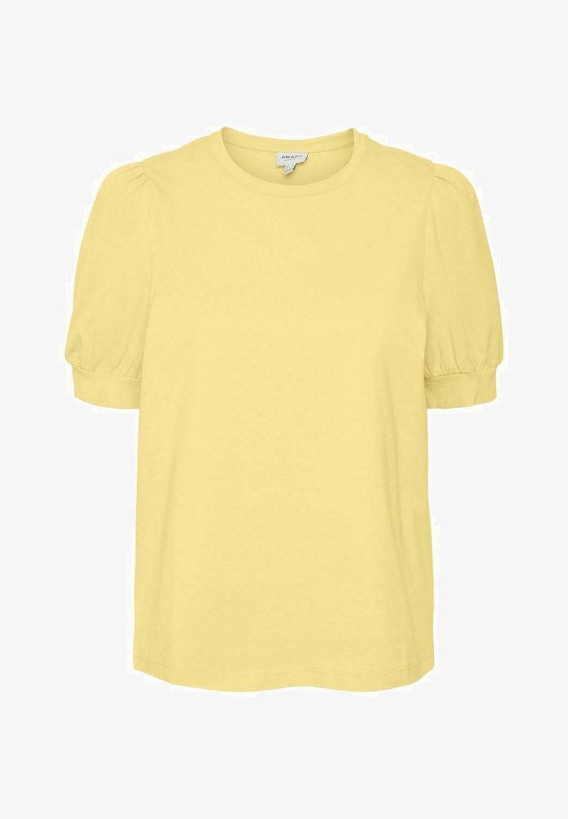 Yellow short-sleeve t-shirt with a round neckline and puffed sleeves, made from soft fabric, featuring a straight hem.