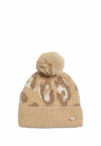Beige kudumise müts, millel on heleda pruunika ja valge leopardimuster, ülaosas karvane beige pompomi ja alumises osas sooniline äär.