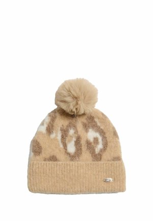 Beige kudumise müts, millel on heleda pruunika ja valge leopardimuster, ülaosas karvane beige pompomi ja alumises osas sooniline äär.