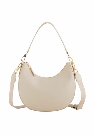 Sac d'épaule beige en forme de croissant avec quincaillerie dorée, fermeture éclair supérieure, bandoulière réglable amovible et texture en cuir lisse.