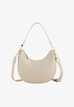Beige schultertasche in Halbmondform mit goldfarbenen Beschlägen, Reißverschluss oben, abnehmbarem und verstellbarem Träger sowie glatter Lederstruktur.