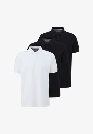 Tre poloer med korte ærmer, en hvid og to sorte, vist overlappende med knaplukning på kraven mod en hvid baggrund.