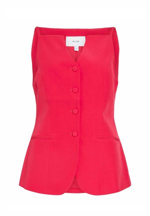 Punane varrukateta kohandatud vest V-kaelusega, nelja kangaga kaetud nupuga ja kahe eesmise lõike taskuga.