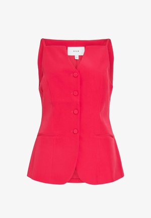 Punane varrukateta kohandatud vest V-kaelusega, nelja kangaga kaetud nupuga ja kahe eesmise lõike taskuga.