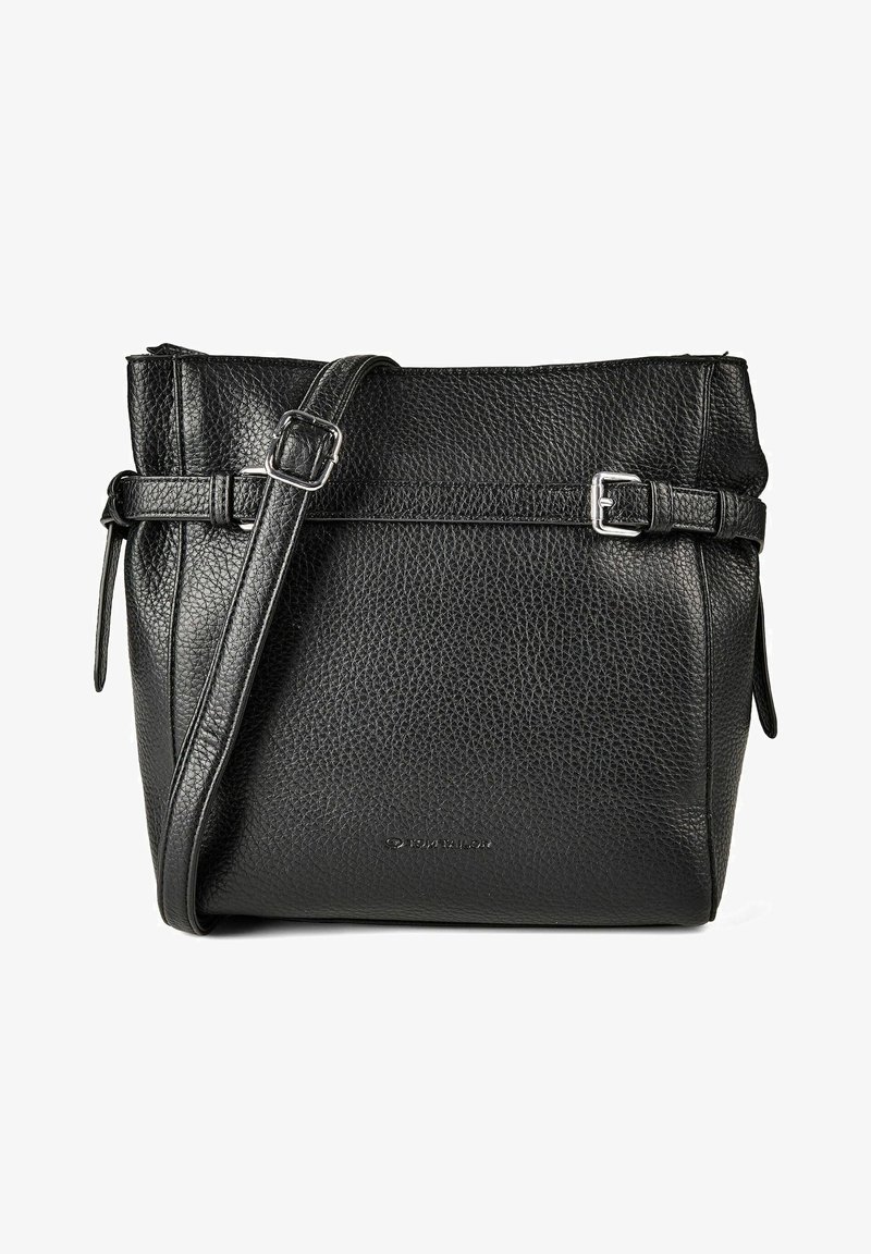 Sac bandoulière en cuir noir texturé avec une sangle réglable à boucle et un logo de marque subtilement embossé à l'avant.