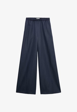 Pantalon bleu marine à jambes larges avec fines rayures verticales blanches et taille élastique.