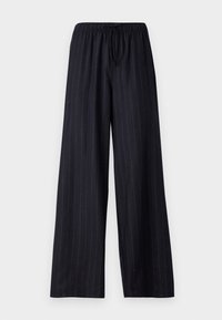 Black pinstriped wide-leg pants with an elastic waistband and drawstring. Made from a smooth fabric with no visible fasteners or pockets.