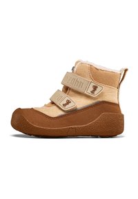 Botte d'hiver beige et marron pour enfant avec une semelle épaisse et texturée, deux sangles Velcro et doublure en polaire douce.