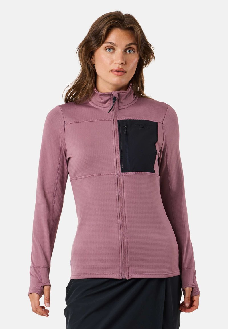 Lightweight, long-sleeve zip jacket in mauve with a black chest pocket. Features a high collar and textured fabric with subtle lines.
