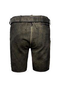 Dunkelbraune Wildleder-Shorts mit einem Kordelzugbund, Gesäßtaschen und einer strukturierten Oberfläche. Gerade geschnitten mit sichtbaren Nähdetails.