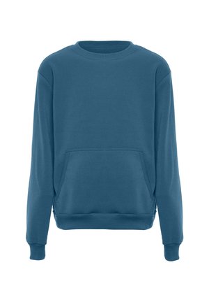 Blaues Sweatshirt aus weichem Stoff mit Rundhalsausschnitt, überschnittenen Schultern, langen Ärmeln und einer Fronttasche.