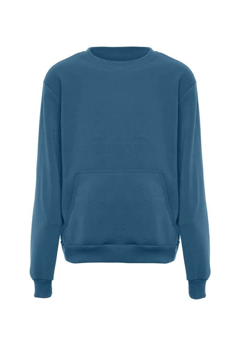Sudadera azul de tejido suave, con un escote redondo, hombros caídos, mangas largas y un bolsillo canguro en la parte delantera.