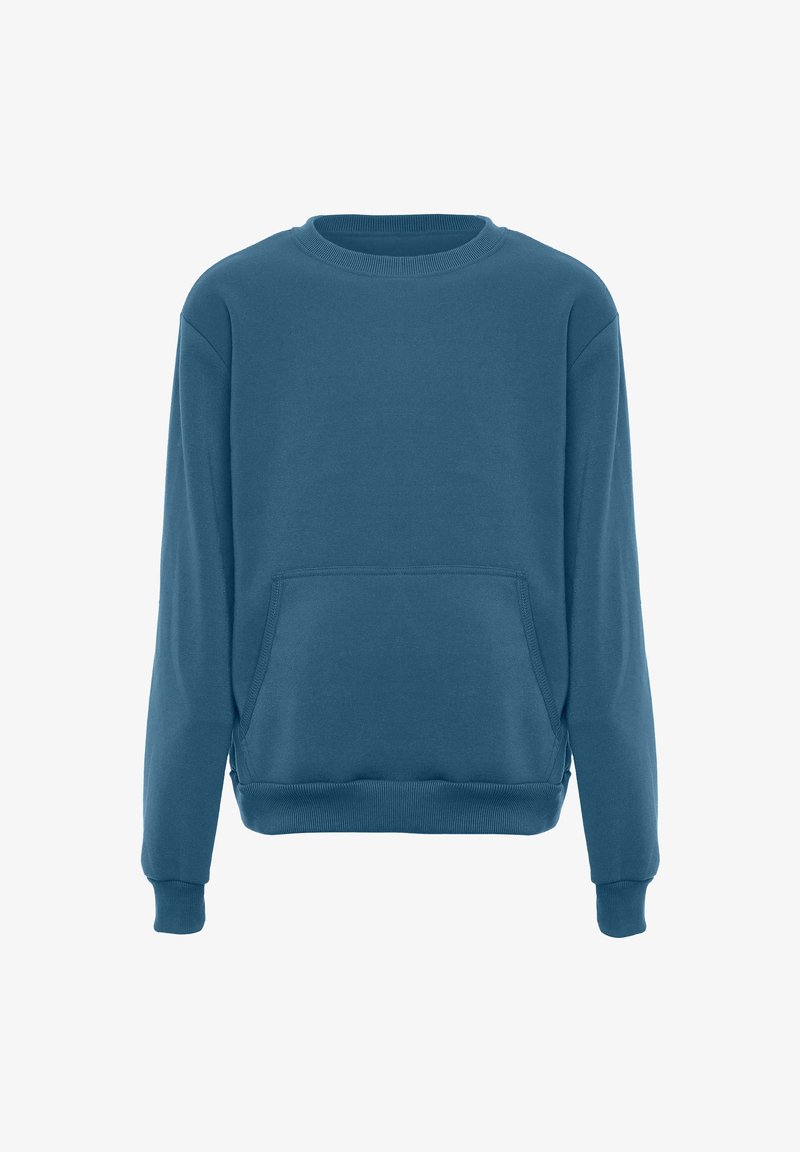 Sudadera azul de tejido suave, con un escote redondo, hombros caídos, mangas largas y un bolsillo canguro en la parte delantera.