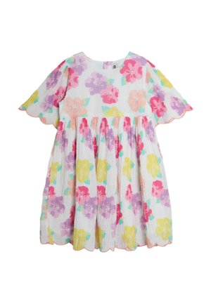 Baumwollkleid mit floralem Muster in Rosa-, Lila- und Gelbtönen. Mit gewellten Ärmeln und Saum sowie einem gerafften Oberteil für eine lockere Passform.