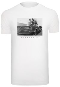 White t-shirt featuring a black and white print of the Batmobile with two figures seated inside, labeled "BATMOBILE" below the image.